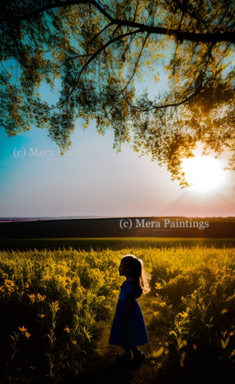 Young girl at field watching sunset