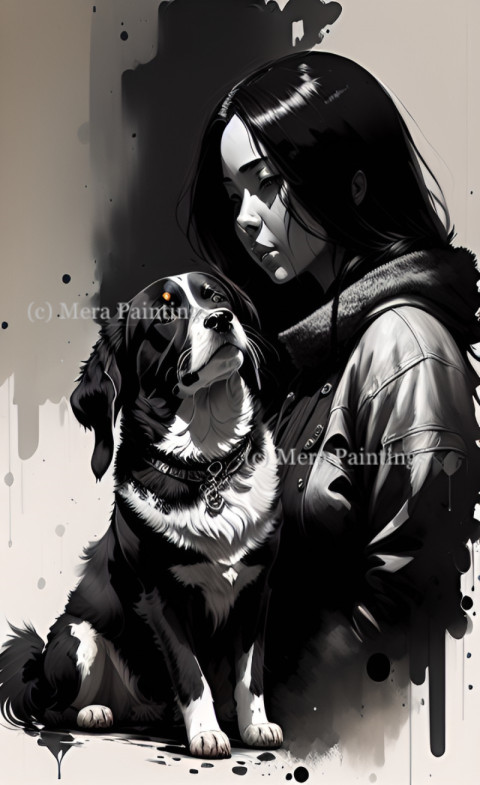 INK PORTRAIT OF GIRL WITH HER PET