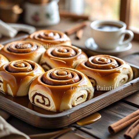 Freshly baked cinnamon rolls with caramel drizzle