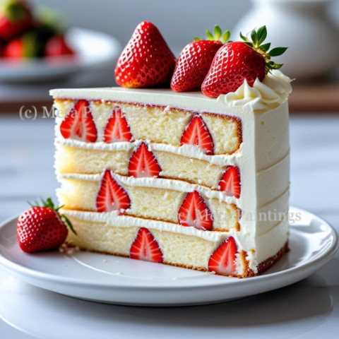 Front view of a cake slice with cream and strawberries