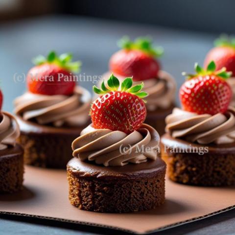 Front view of chocolate cakes with brown cream and strawberry