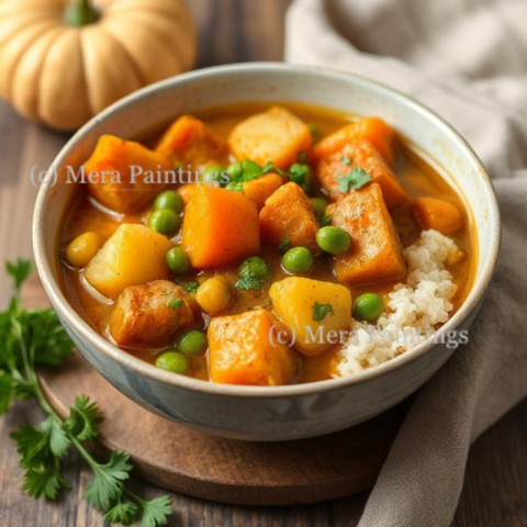 Bowl of vegan curry with potatoes, carrots, peas, parsley