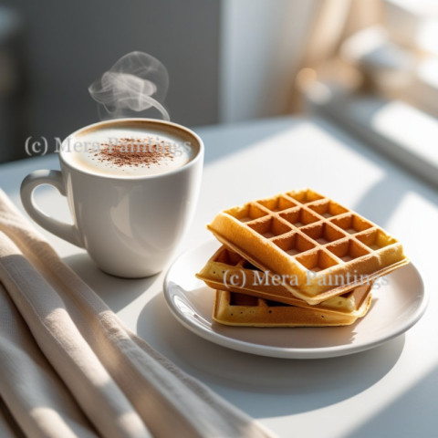 Cup of cappuccino with waffles
