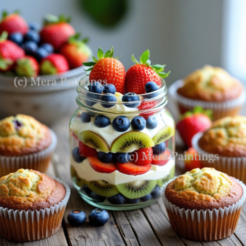 High angle of jar of dessert with fruit and muffins