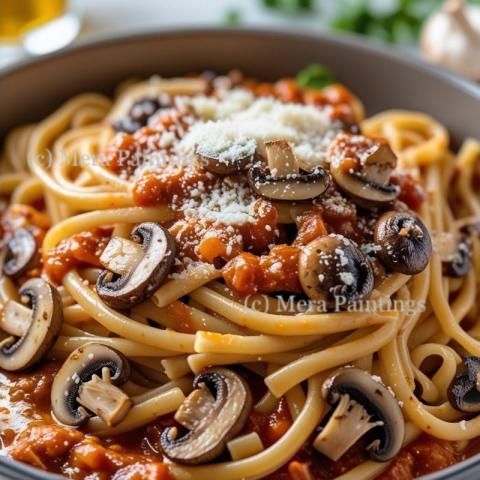 Pasta with sauce, parmesan and mushrooms