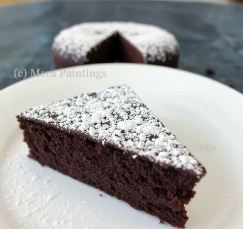 A slice of dark chocolate cake