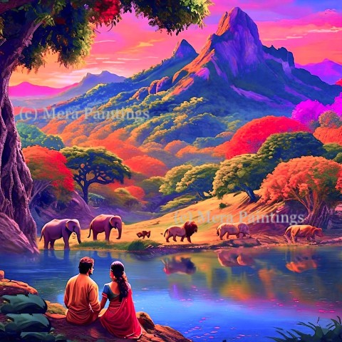 elephant and lion watched by lovers in scenic setting