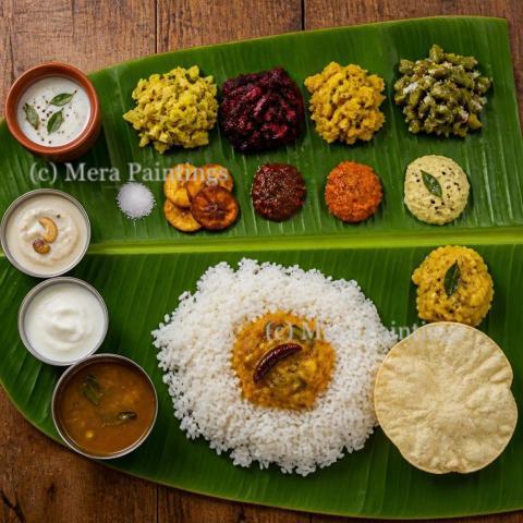 South Indian meal served in Banana leaf
