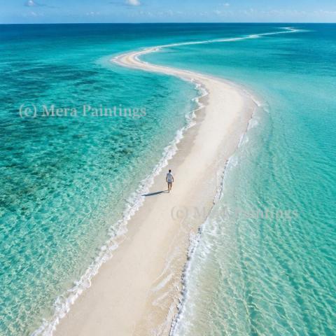 Man walking along white sandbar beach