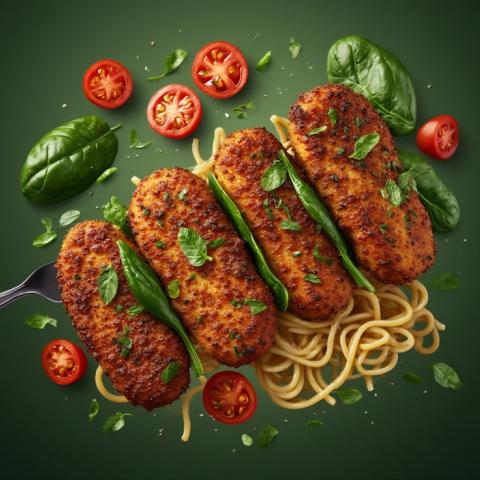 Cutlet, pasta,  spinach and tomatoes