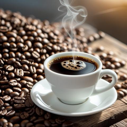 Delicious coffee beans and cup