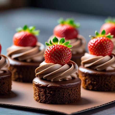 Front view  of  chocolate cakes  with brown cream and strawberry