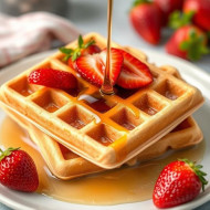 Belgian waffles with strawberries and maple syrup