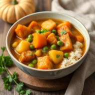 Bowl of vegan curry with potatoes, carrots, peas, parsley