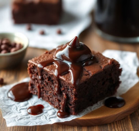 Chocolate brownie with chocolate syrup