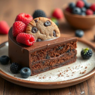 Chocolate cake with cookie and fruits