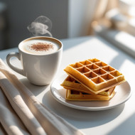Cup of cappuccino with waffles