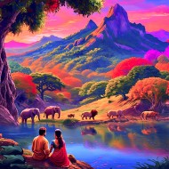 elephant and lion watched by lovers in scenic setting