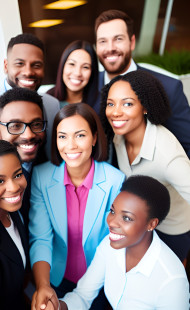 GROUP OF HAPPY EMPLOYEES IN AN OFFICE