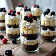 Layered desserts with vanilla and chocolate cake