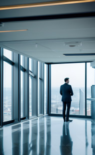 MAN LOOKING OUT FROM HIS OFFICE