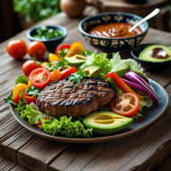 Mexican meal with grilled meat, fresh vegetables, and sauce