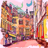 water colour urban street sketch