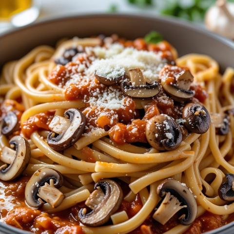 Pasta with sauce, parmesan and mushrooms